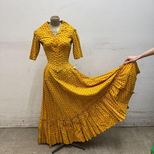 Vtg 1950s Studio-Made Western Prairie Maxi Dress Set Yellow Calico Movie Costume