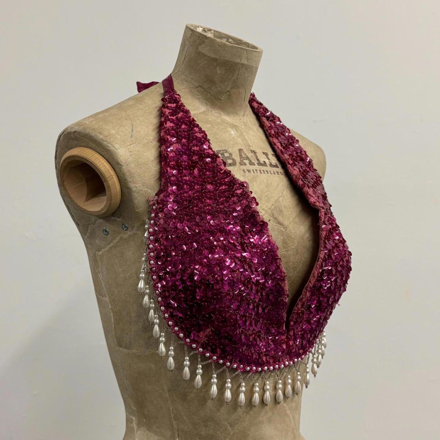 Vintage Showgirl Magenta Sequin Halter Bra Top