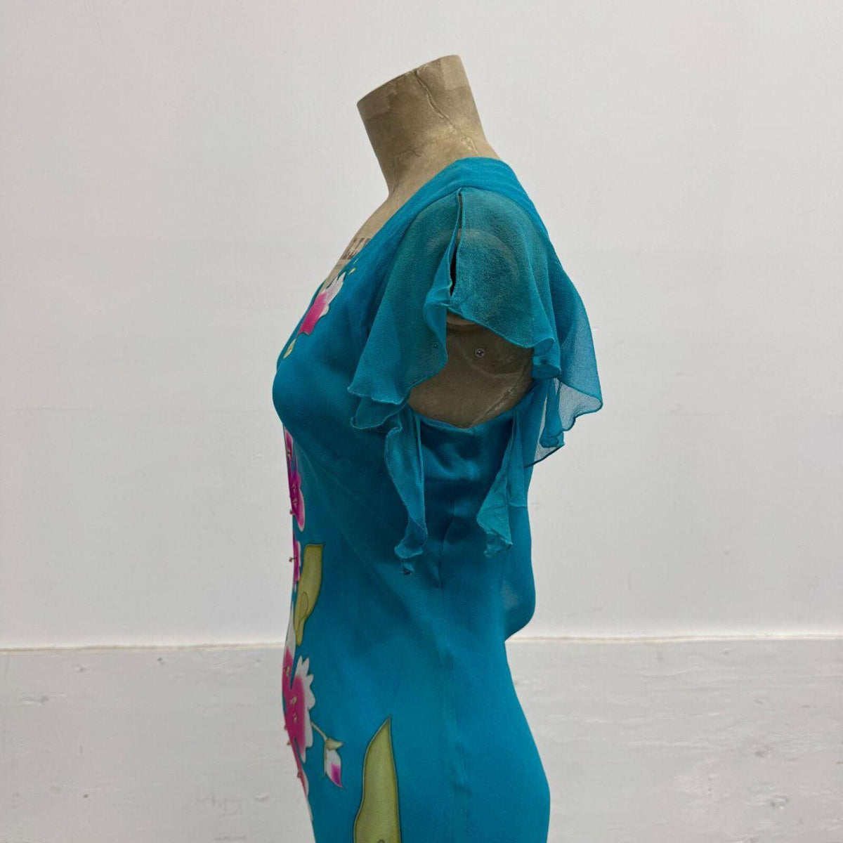 Vintage Y2K Flutter Sleeve Hand-Painted Floral Beaded Silk Maxi Dress