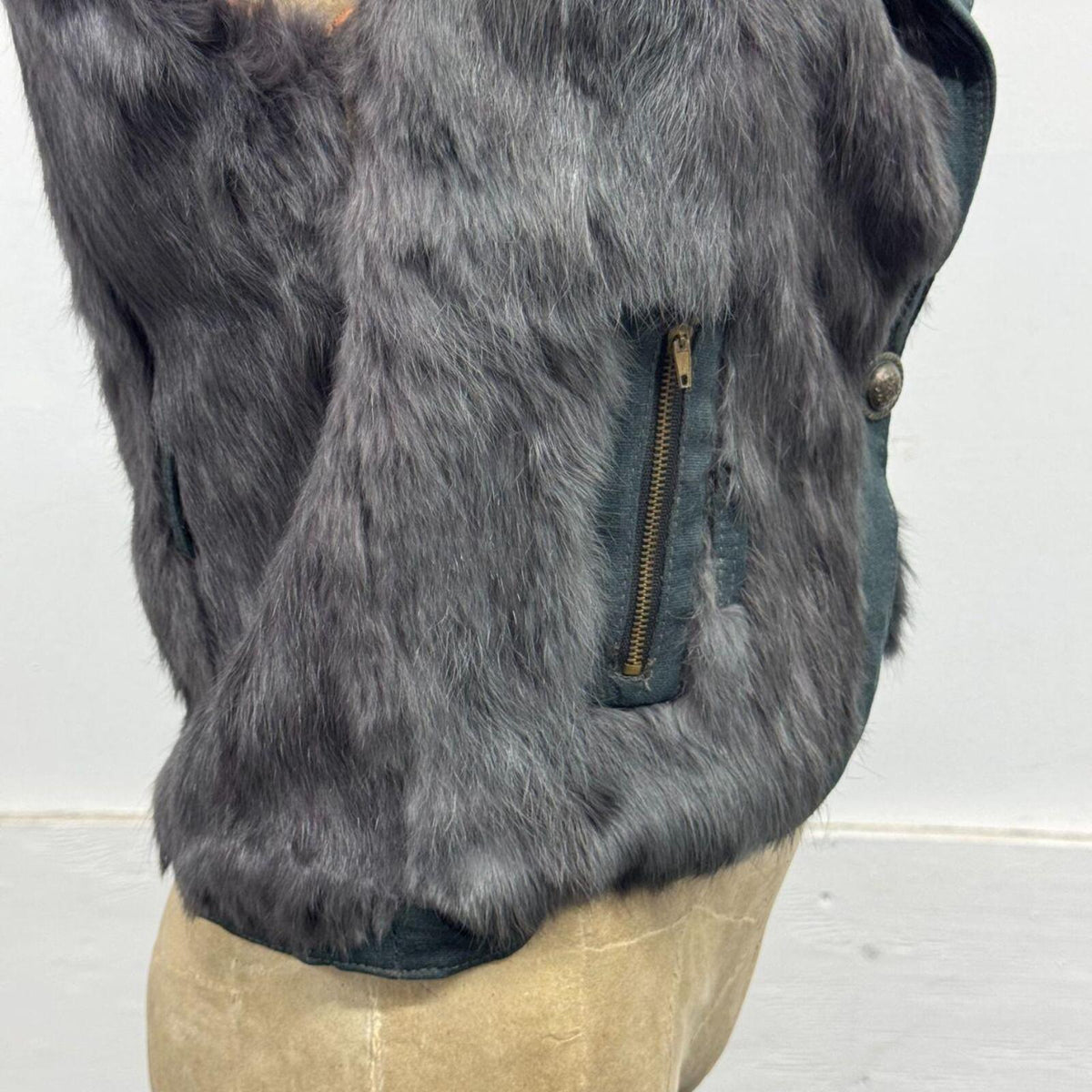 Vintage Y2K Grey Blue Military Rabbit Fur Vest