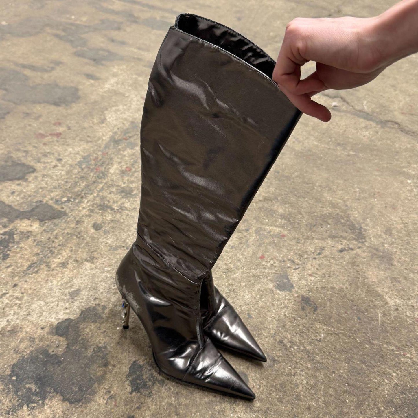 Y2K Vintage Archival Cesare Paciotti Jeweled Silver Metallic Stiletto Boots
