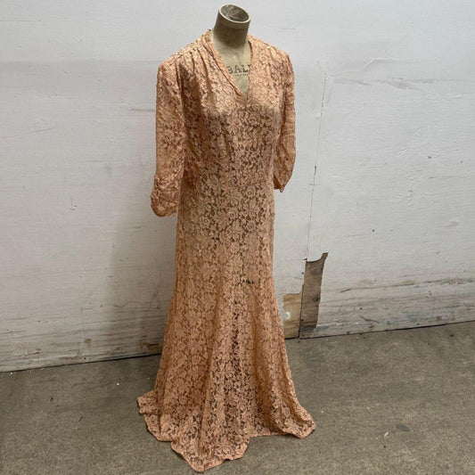Vintage Broadway Costume 30s Antique Peach Lace Maxi Gown Dress