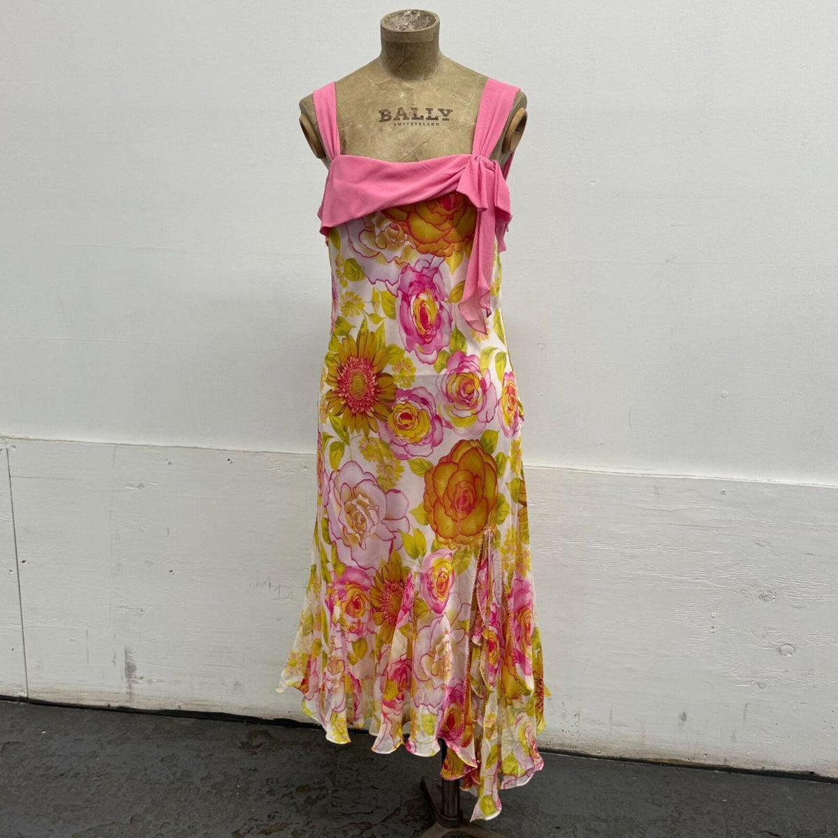 Vintage Y2K Gemini Floral Silk Asymmetrical Fairy Dress Pink Beaded