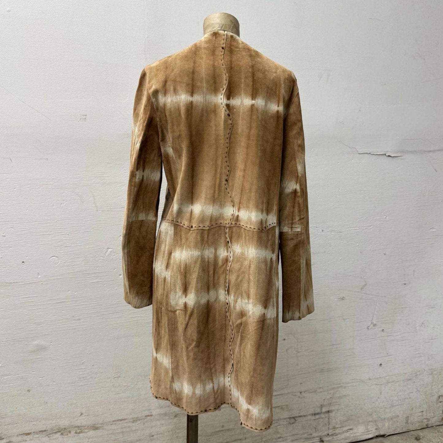 Vtg Y2K Bisou Jeans Tie Dye Suede Longline Jacket 100% Leather Duster