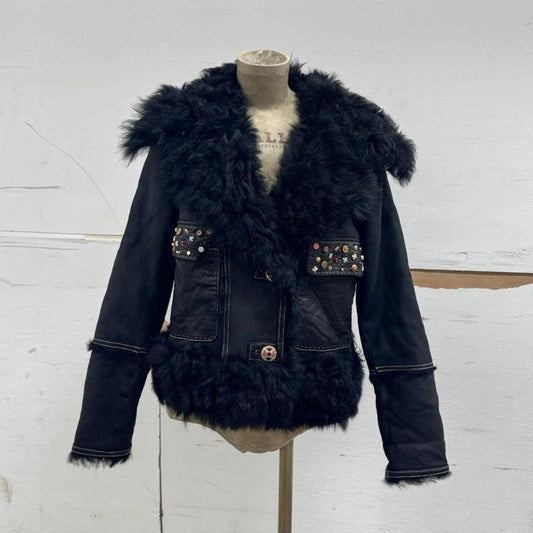 Vintage Black Gold Embellished Leather & Shearling Statement Jacket