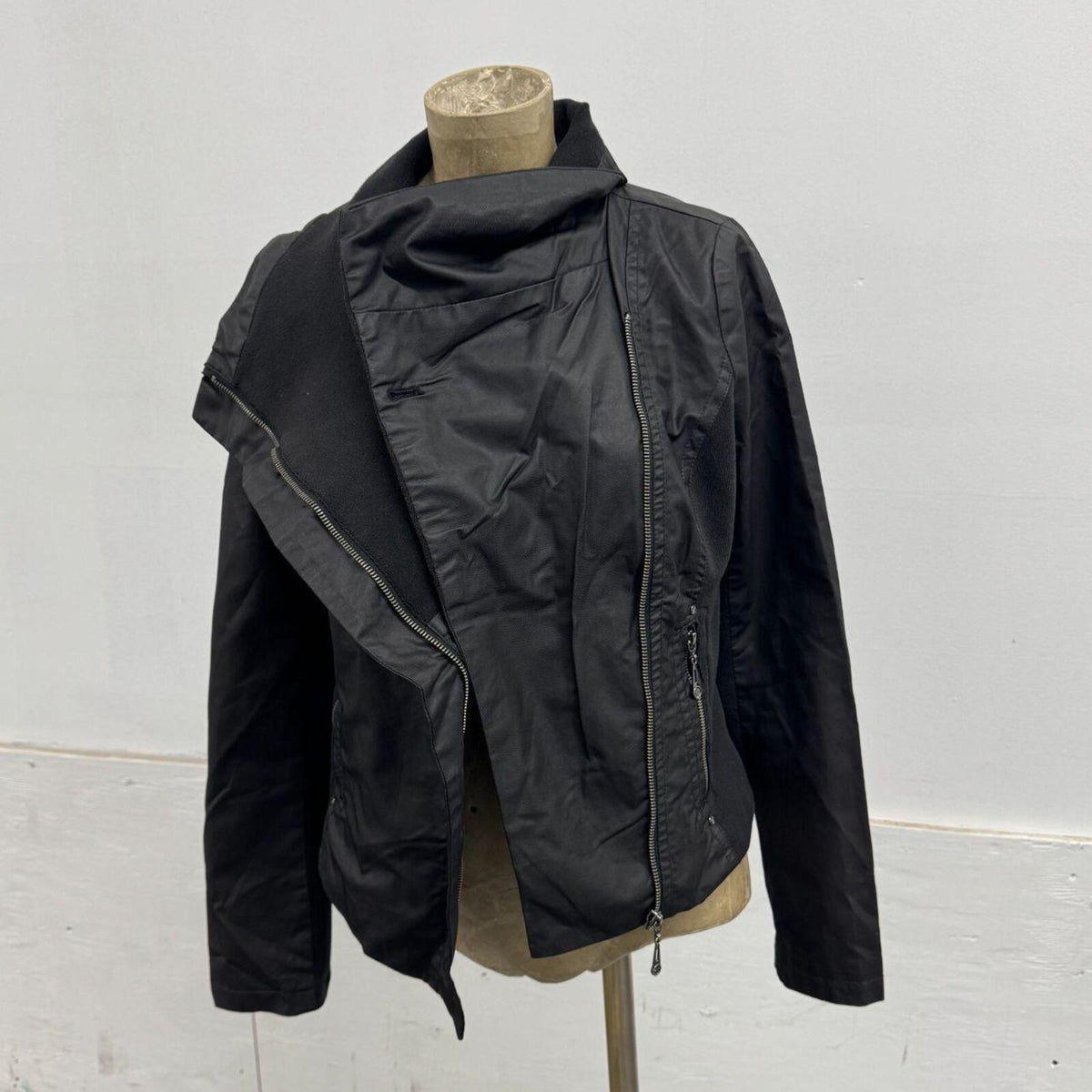 Vintage Black Funnel Neck Asymmetric Avant Garde Leather Jacket