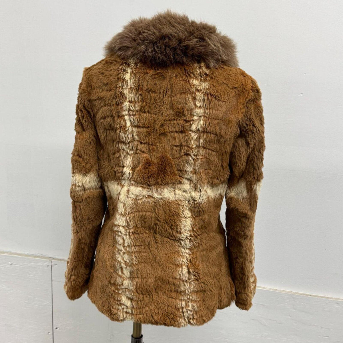 Vintage Cross Stripe Cognac Brown Rabbit & Fox Fur Jacket Coat