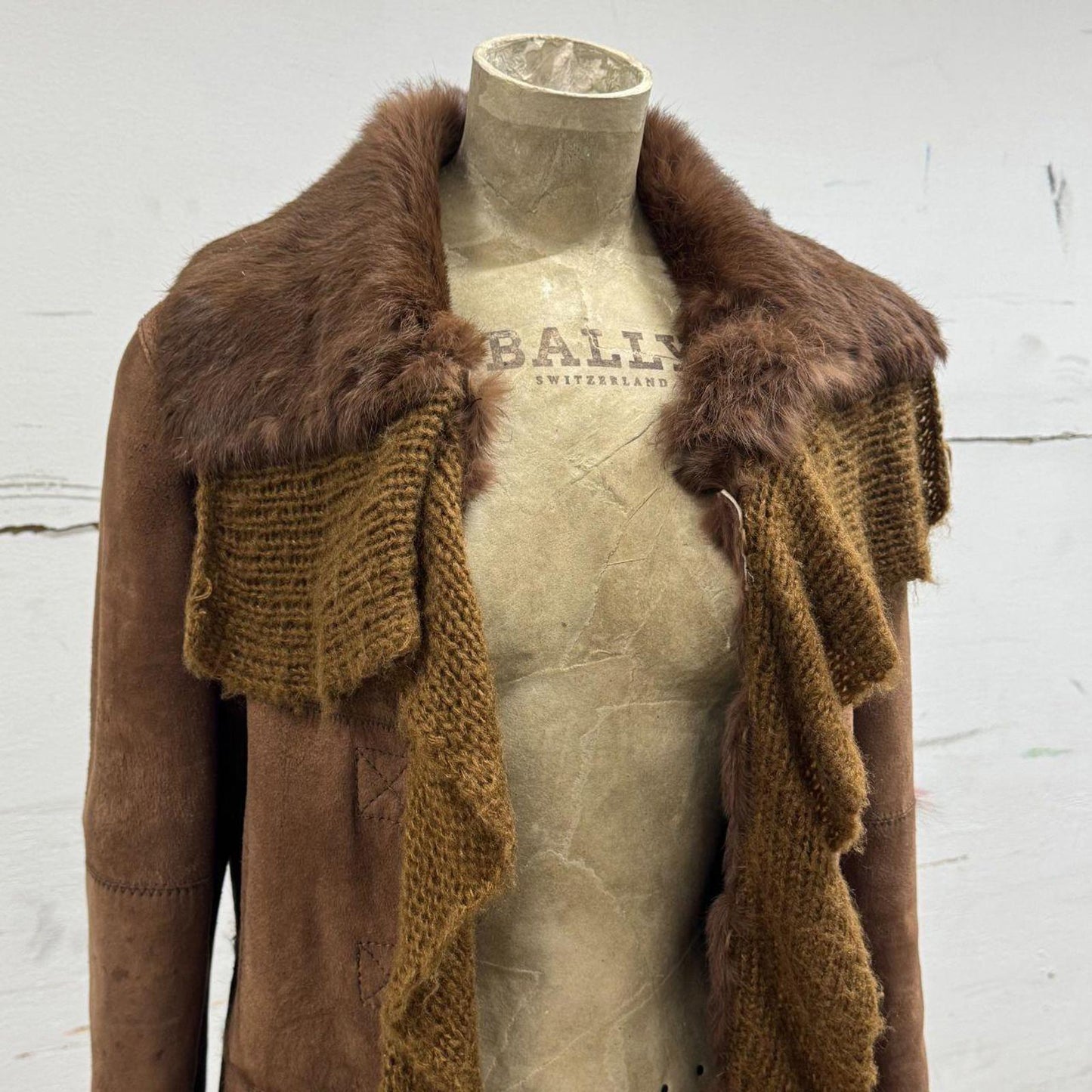 Y2K Vintage Stefanel Genuine Leather Suede & Rabbit Fur Brown Longline Jacket