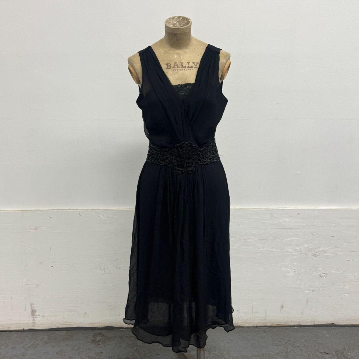 Vintage Black Beaded Silk & Lace Cocktail Dress
