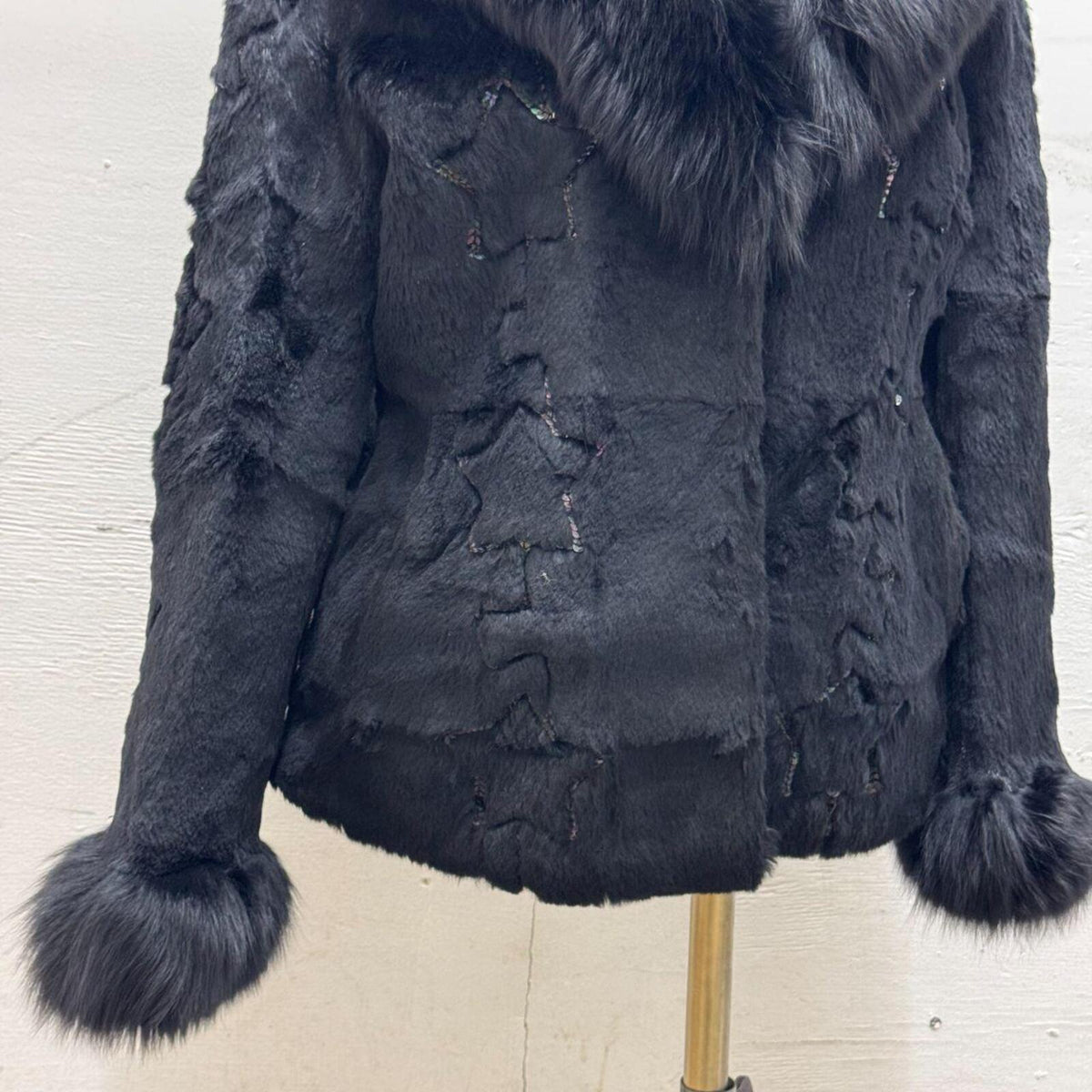 Y2K Vintage Black Rabbit & Fox Fur Jacket Star Sequin Detail Coat