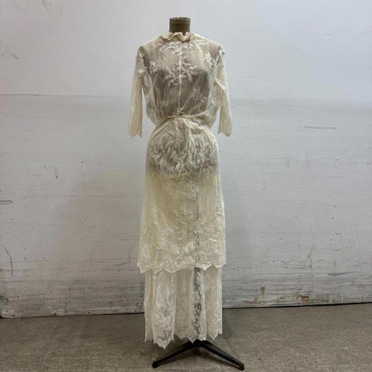 Antique 1910s Edwardian Tea Gown XS White Cotton Lace Dress