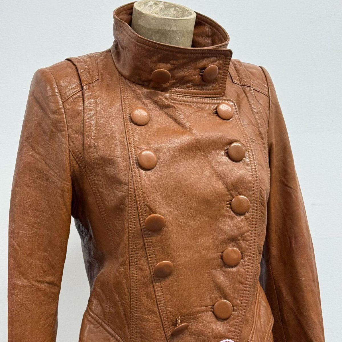 Vintage Cognac Brown Military Funnel Neck Leather Jacket 2