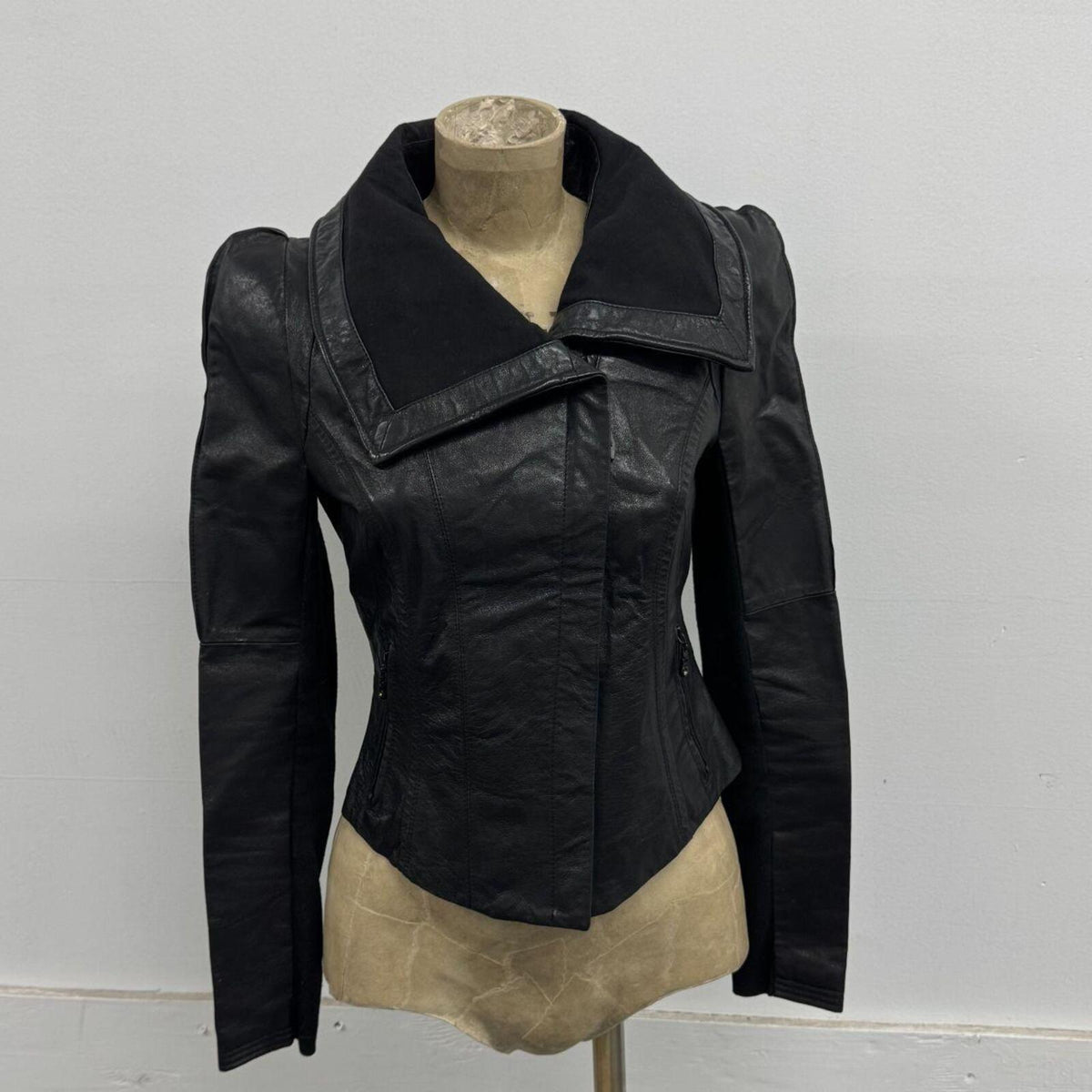 Vintage Black Big Collar Y2K 2010s Avant Garde Leather Jacket
