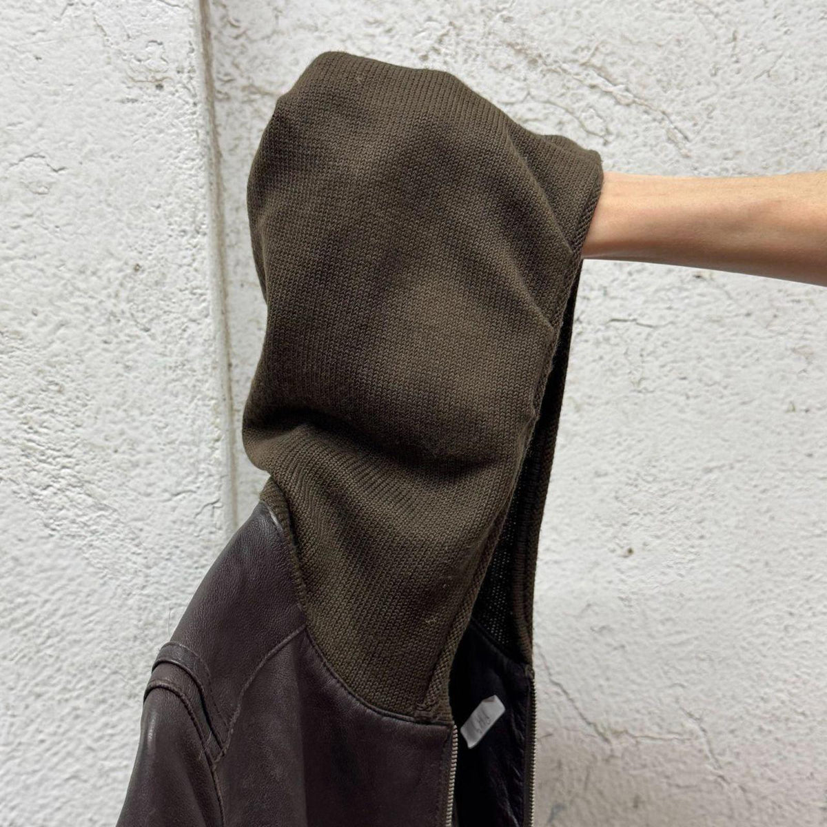 Vintage Y2K Knit Hooded Genuine Leather Bomber Brown
