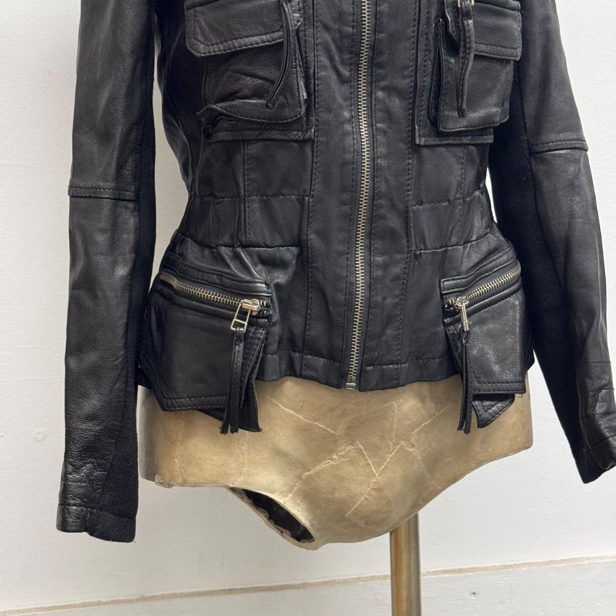 Vintage Black Cargo Pocket Utility Avant Garde Leather Jacket