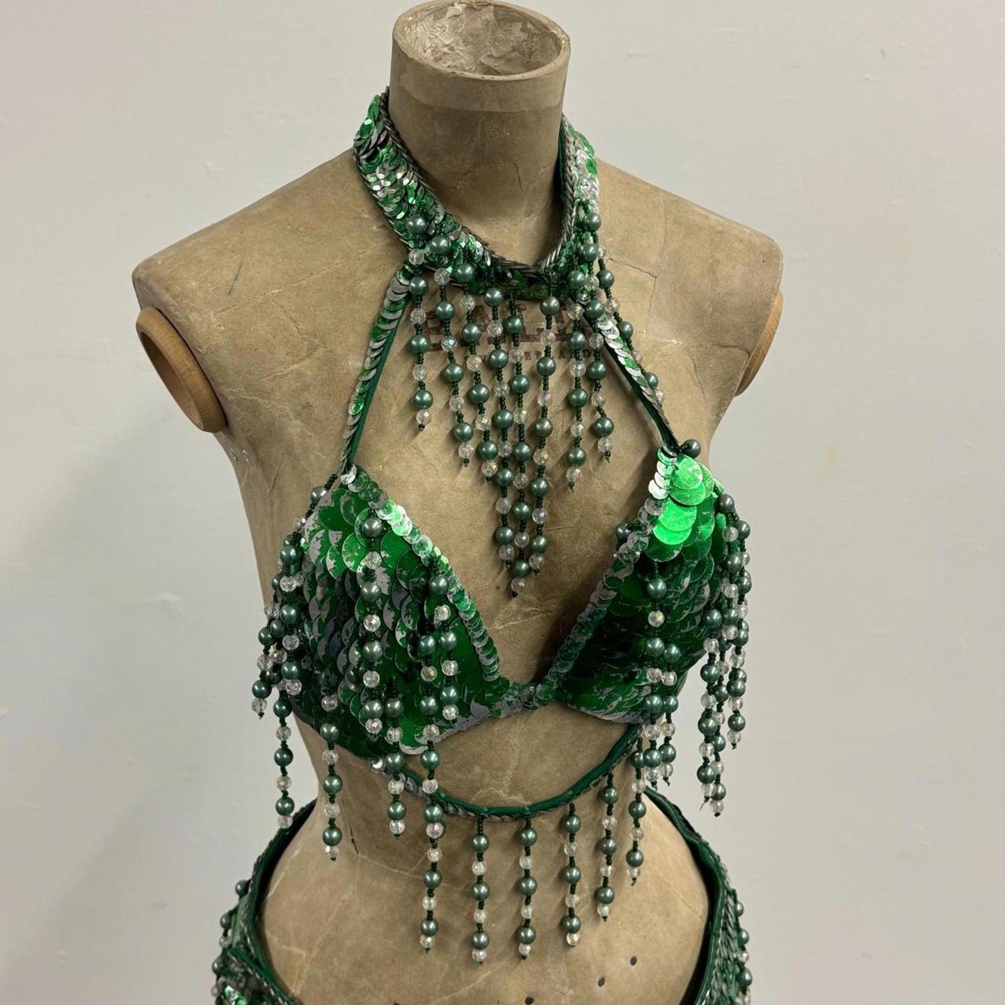 Vintage Green Sequin Showgirl Costume Set – Bra + Belt/Briefs Beaded Fringe