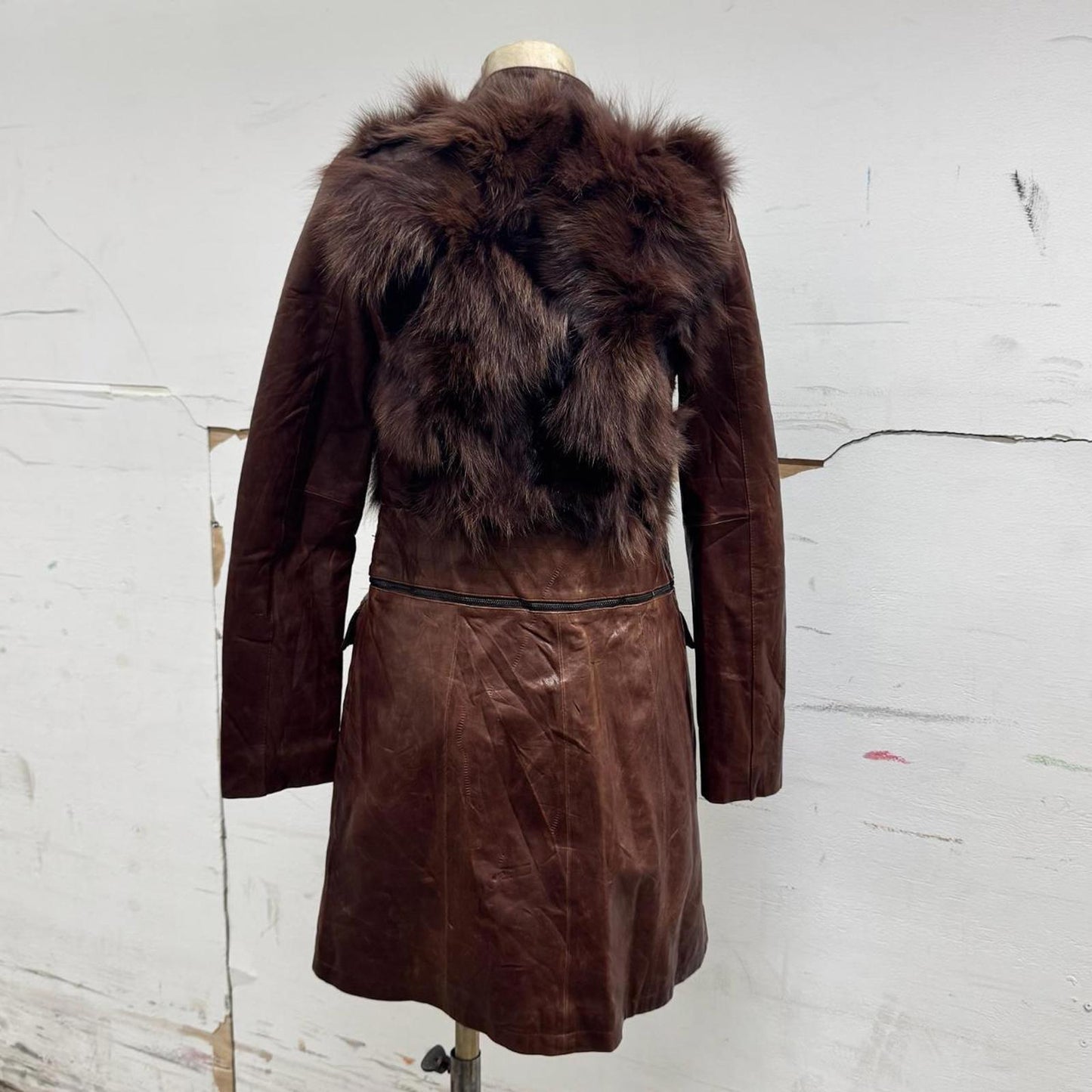 Vintage Brown Leather & Fox Fur Detachable Multi-way Statement Coat