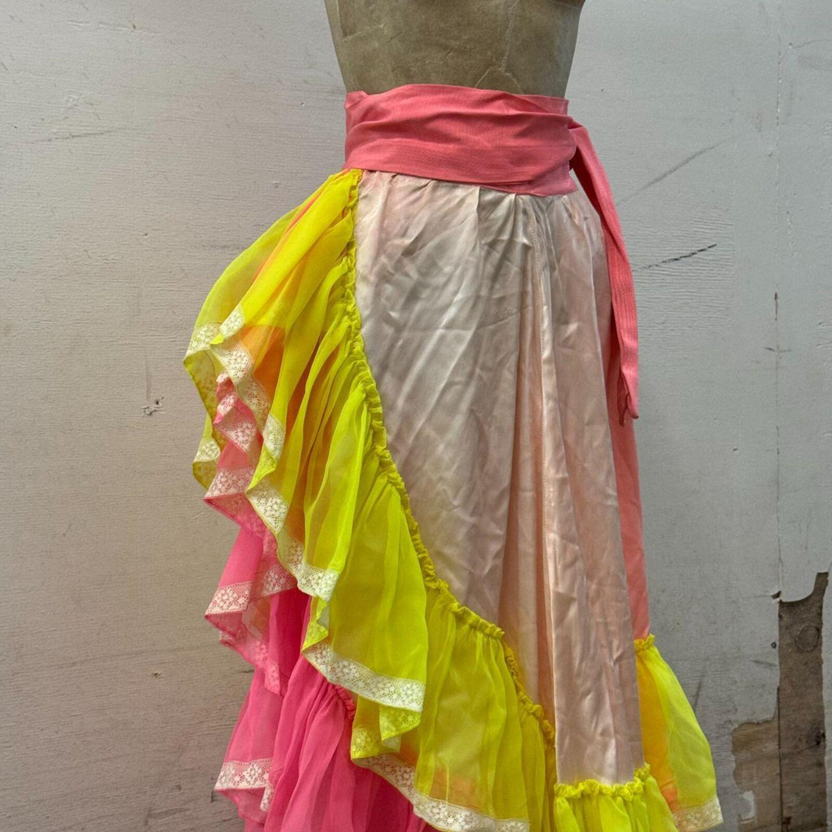 Vintage Broadway Costume 70s Neon Ruffle Maxi Wrap Skirt