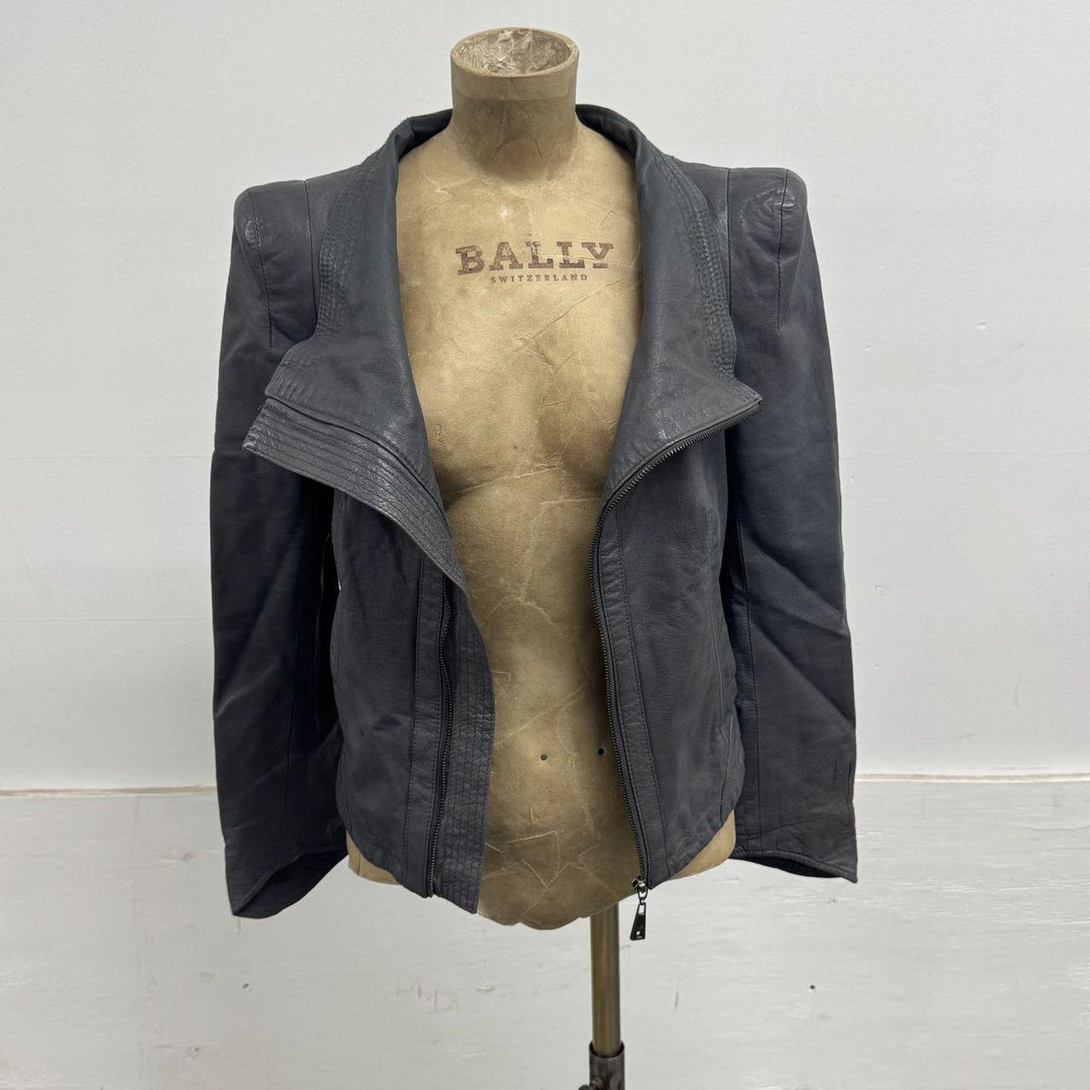 Vintage Grey Funnel Neck Asymmetric Avant Garde Leather Jacket