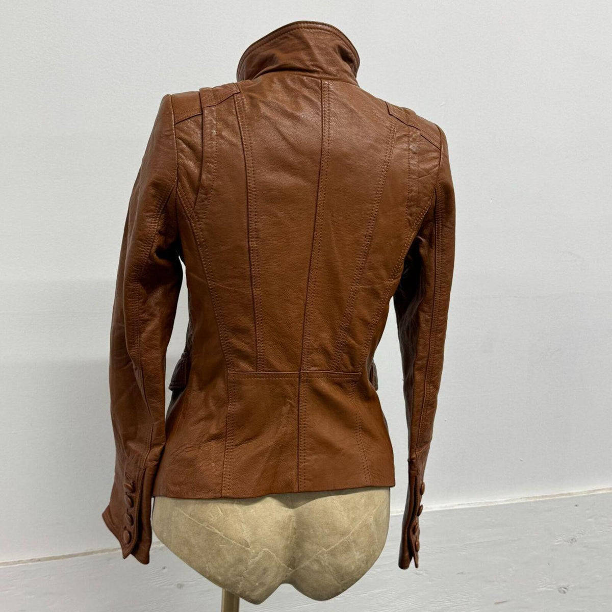 Vintage Cognac Brown Military Funnel Neck Leather Jacket 2