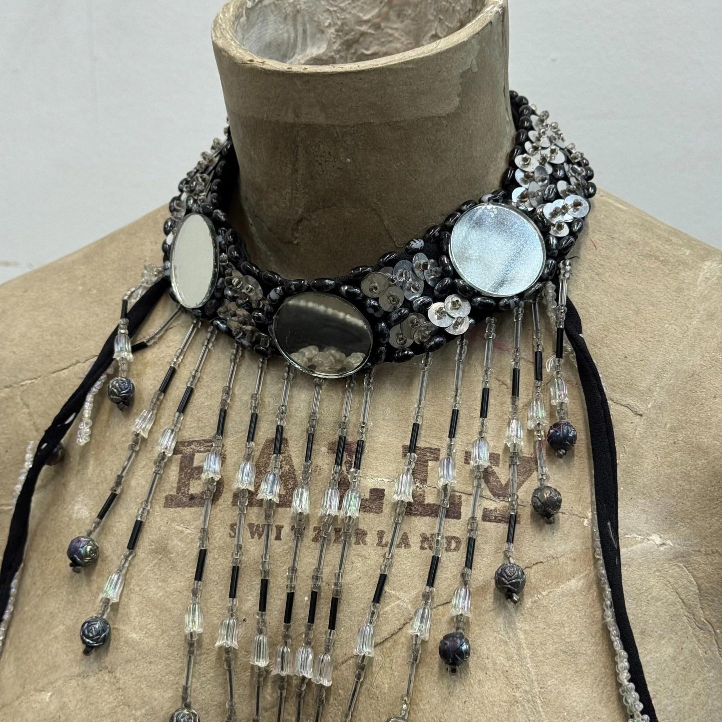 Vintage Showgirl Beaded Silver & Black Mirror Bra Stage Film Costume Burlesque
