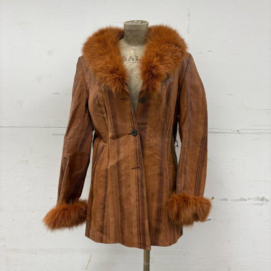 Vintage Y2K Cognac Leather & Fox Fur Statement Coat