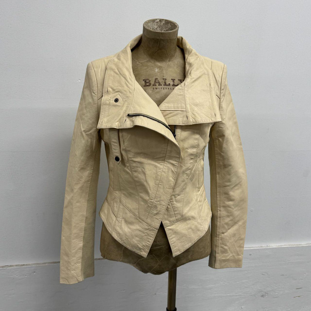 Vintage Cream Funnel Neck Asymmetric Avant Garde Leather Jacket