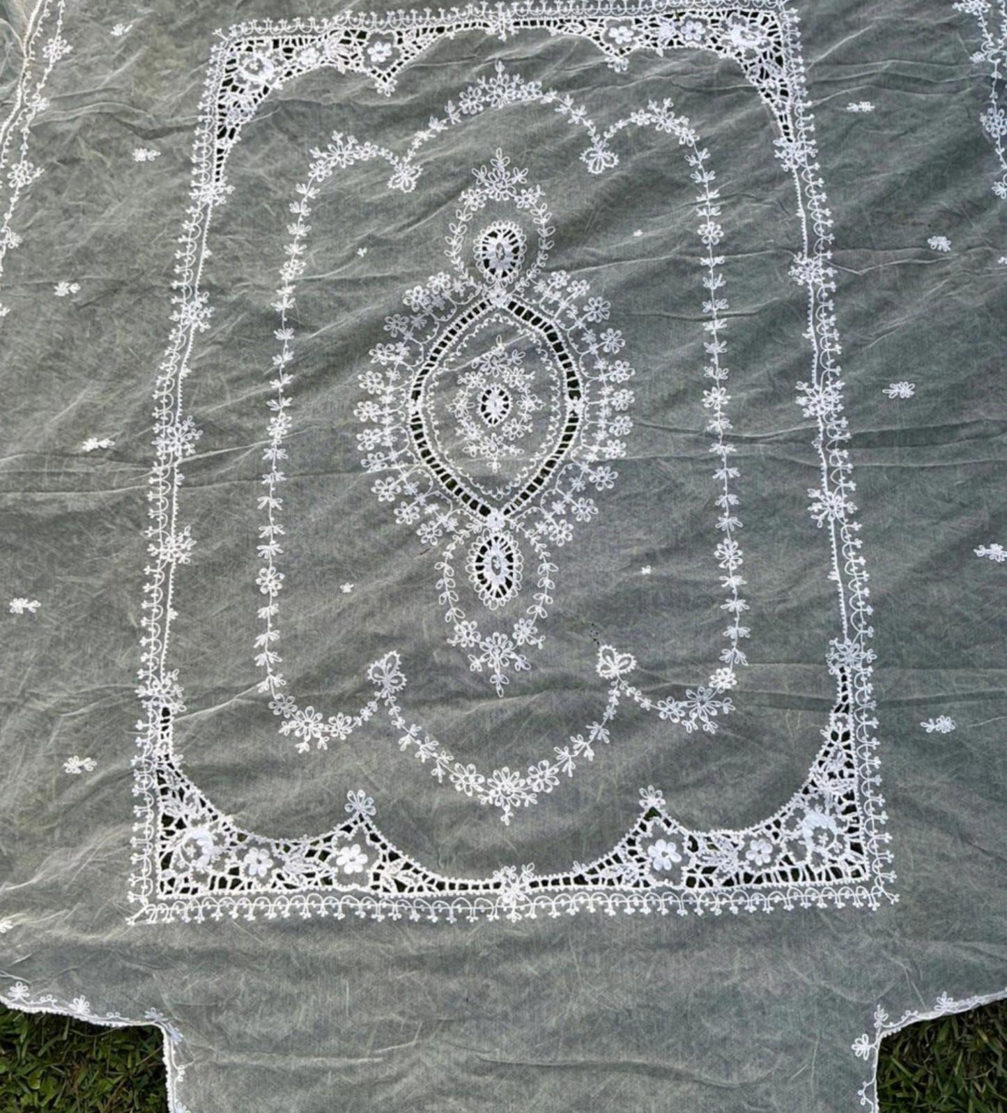 Antique Embroidered Tambour Net Lace Bedspread Edwardian