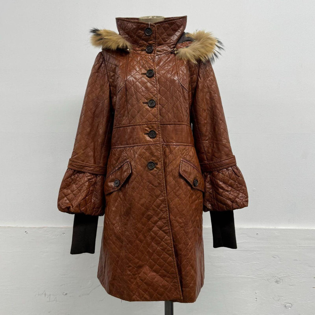 Vintage Cognac Brown Longline Detachable Hood Quilted Leather Jacket