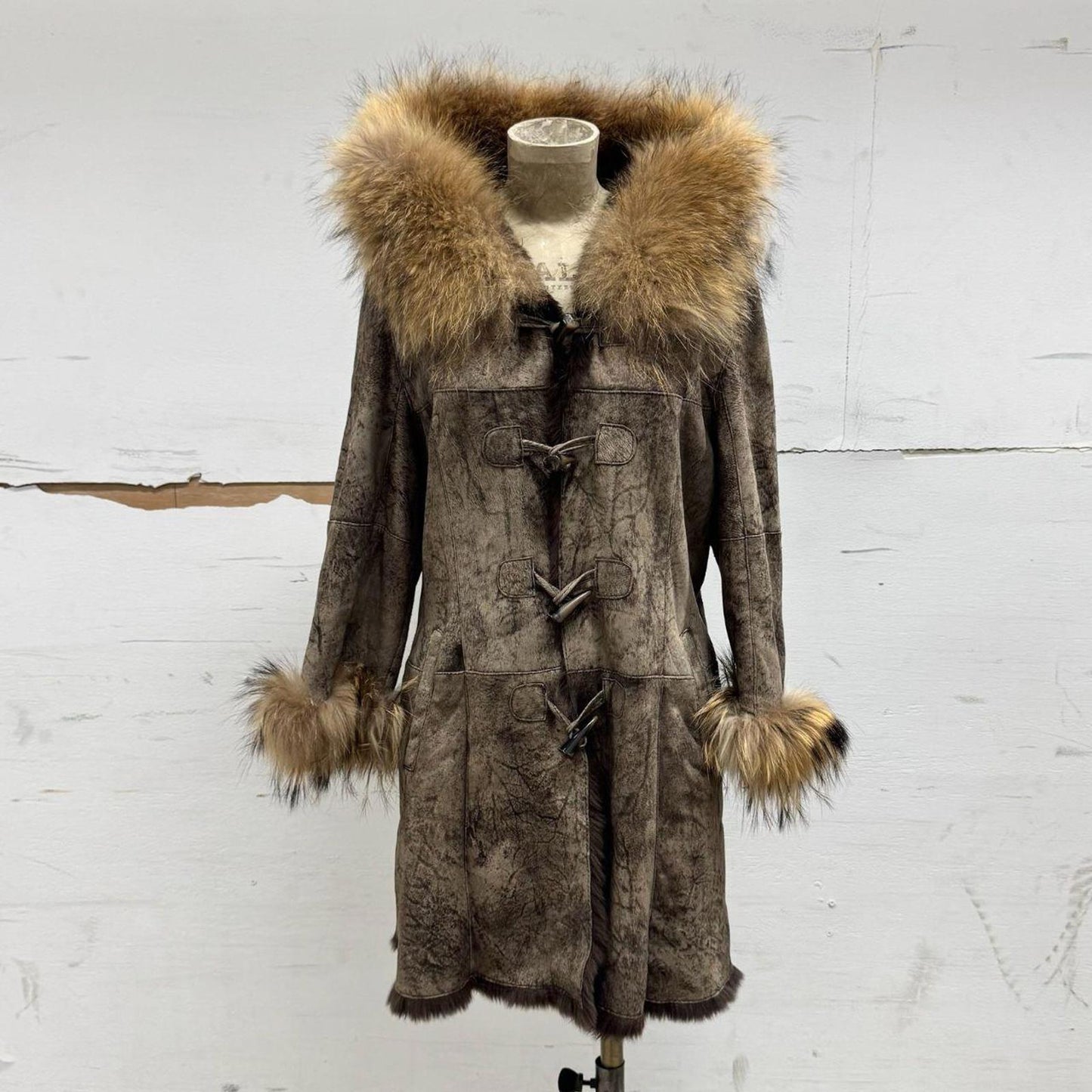 Vintage Y2K does 70s Suede, Rabbit, & Raccoon Fur Penny Lane Afghan Coat