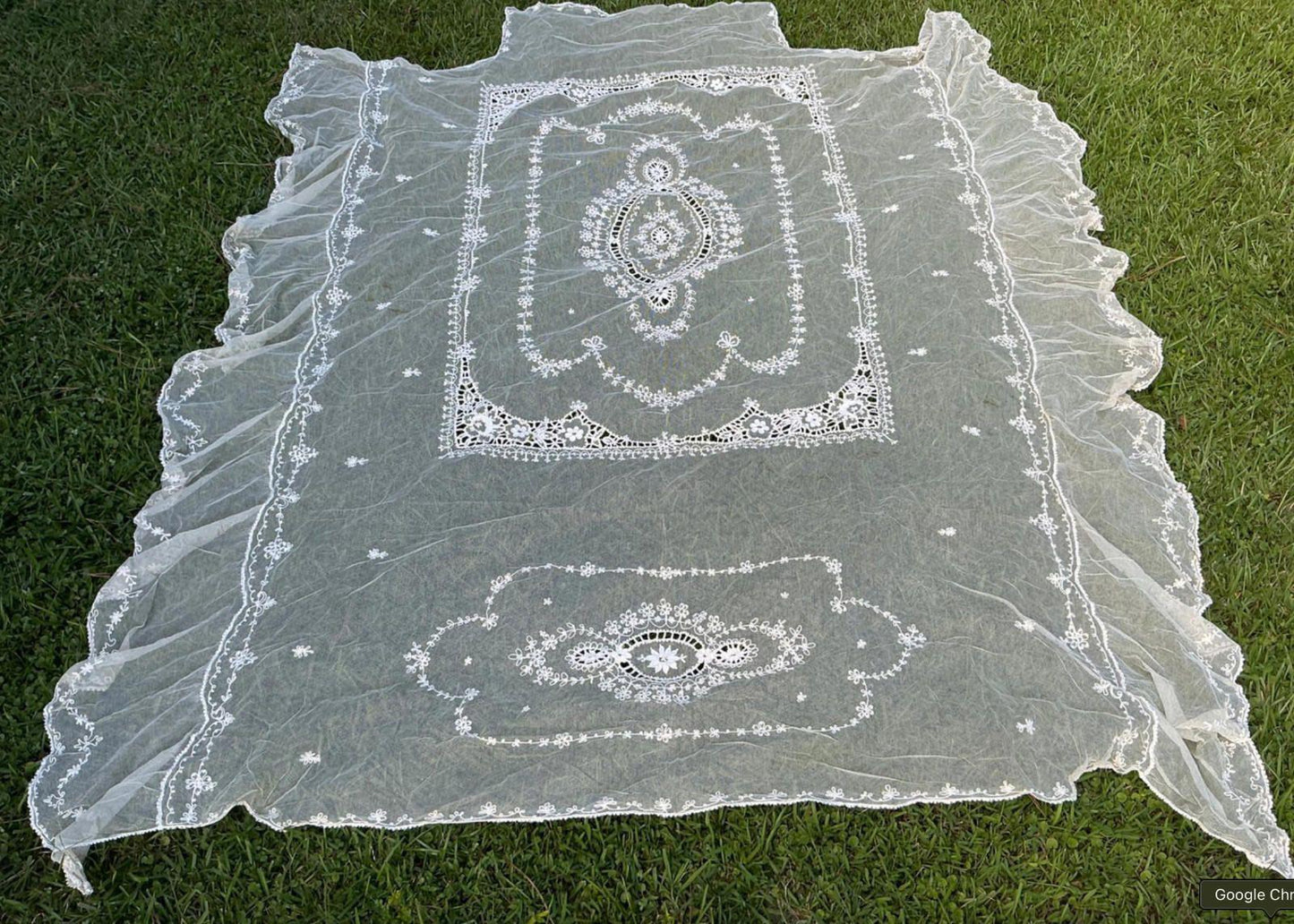 Antique Embroidered Tambour Net Lace Bedspread Edwardian