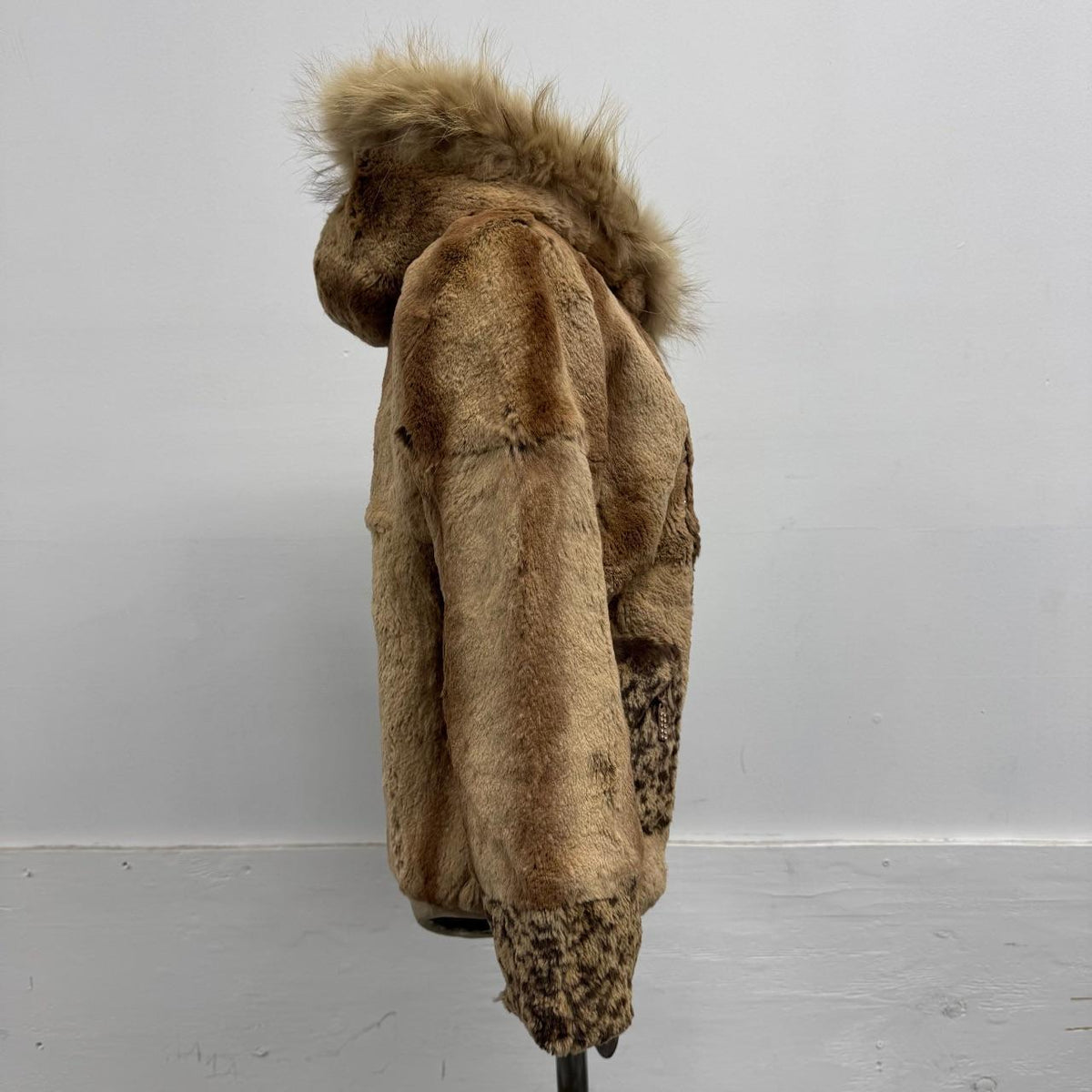 Vintage Y2K Hooded Rhinestone Rabbit & Raccoon Fur Jacket Coat
