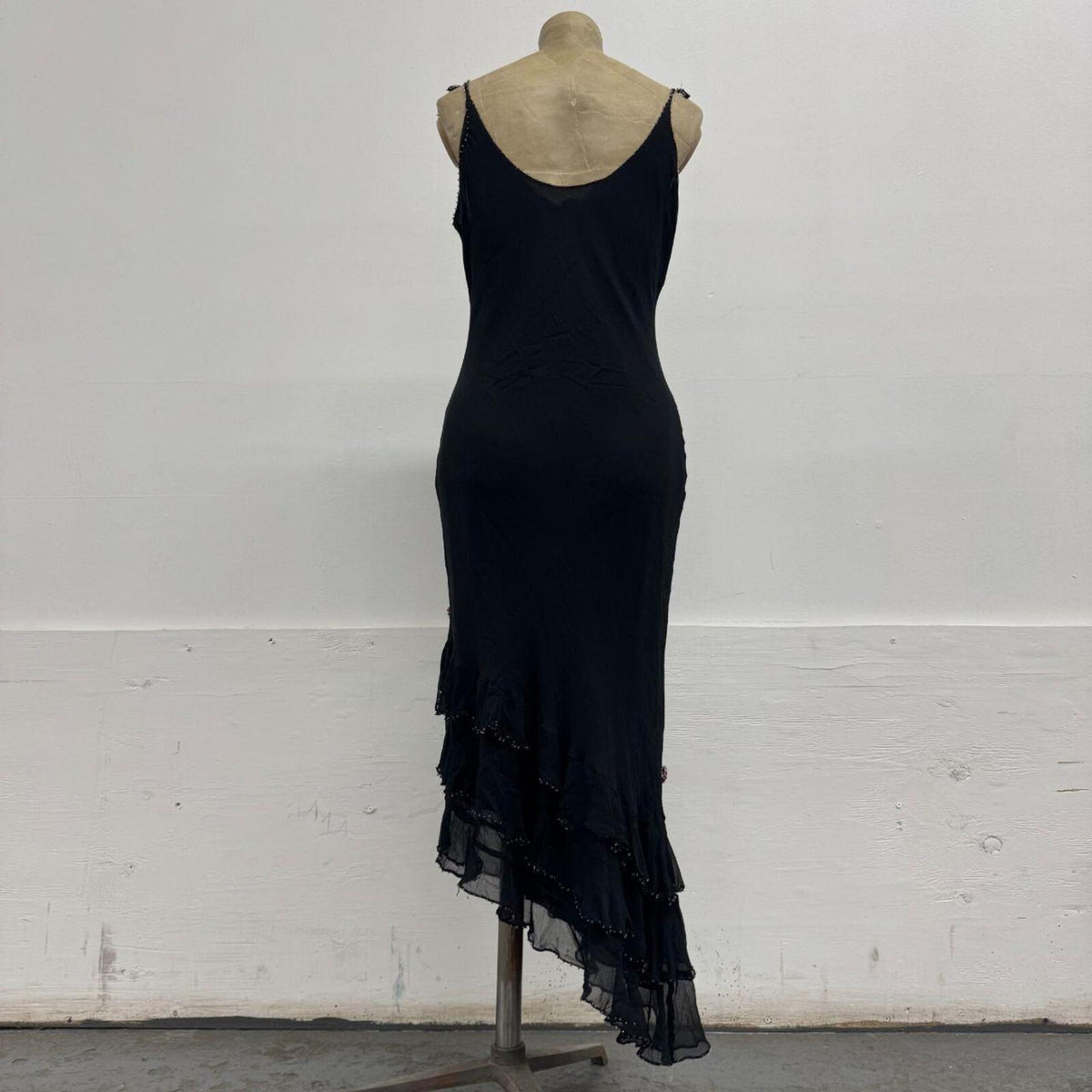 Vintage Y2K I.C.E. 3D Beaded Floral Black Silk Midi Dress