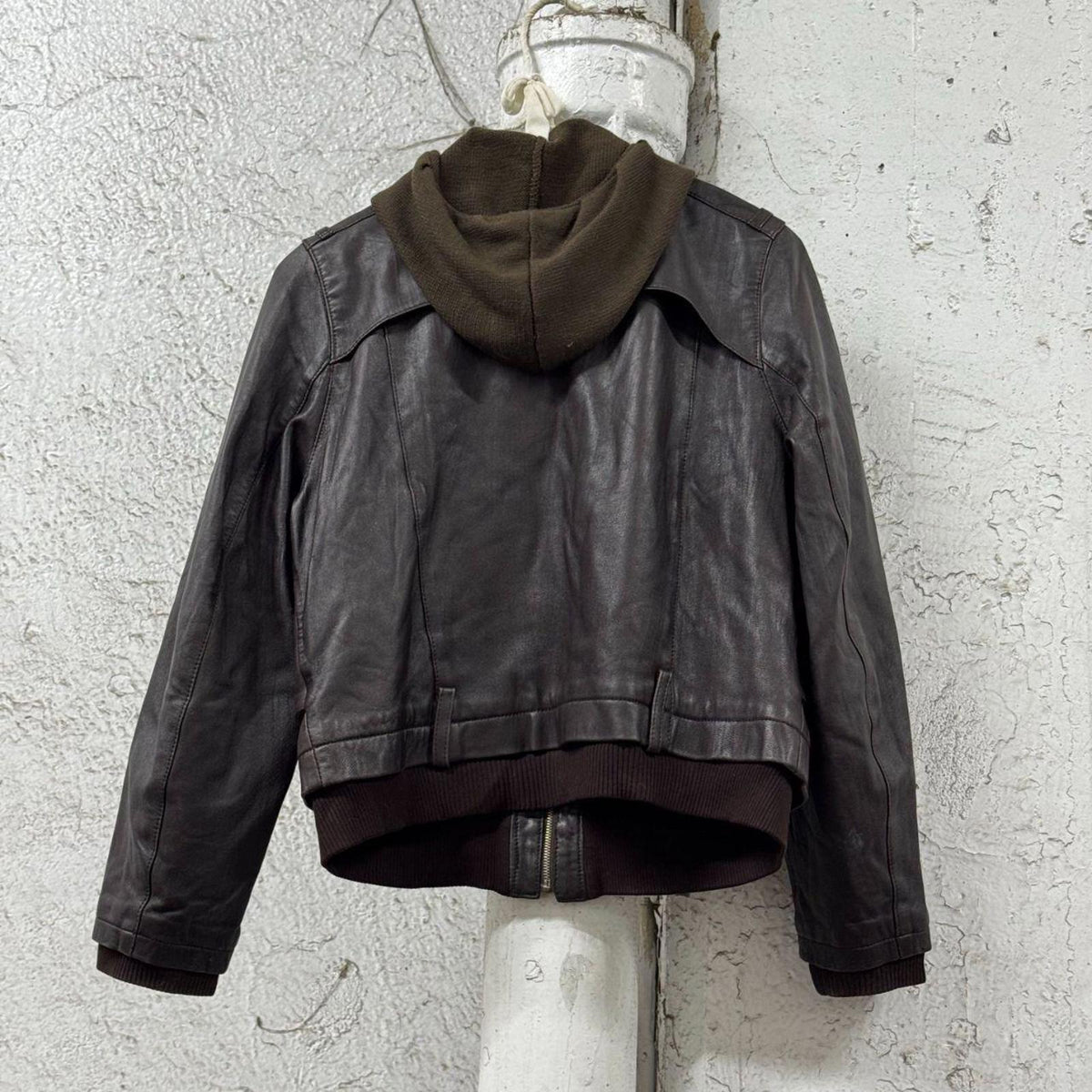 Vintage Y2K Knit Hooded Genuine Leather Bomber Brown