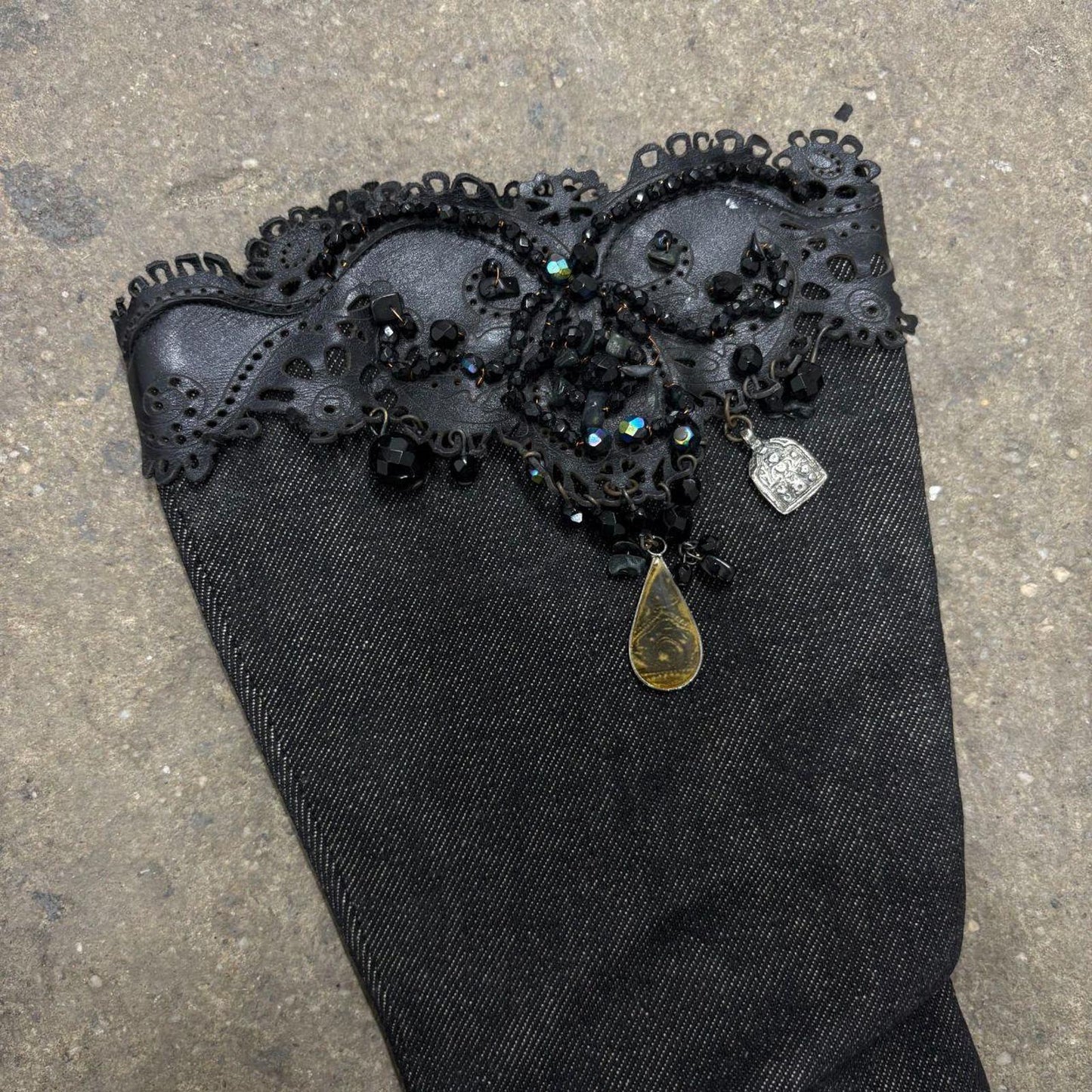 Vintage Y2K Le Silla Beaded Denim Pointed Toe Stiletto Boots