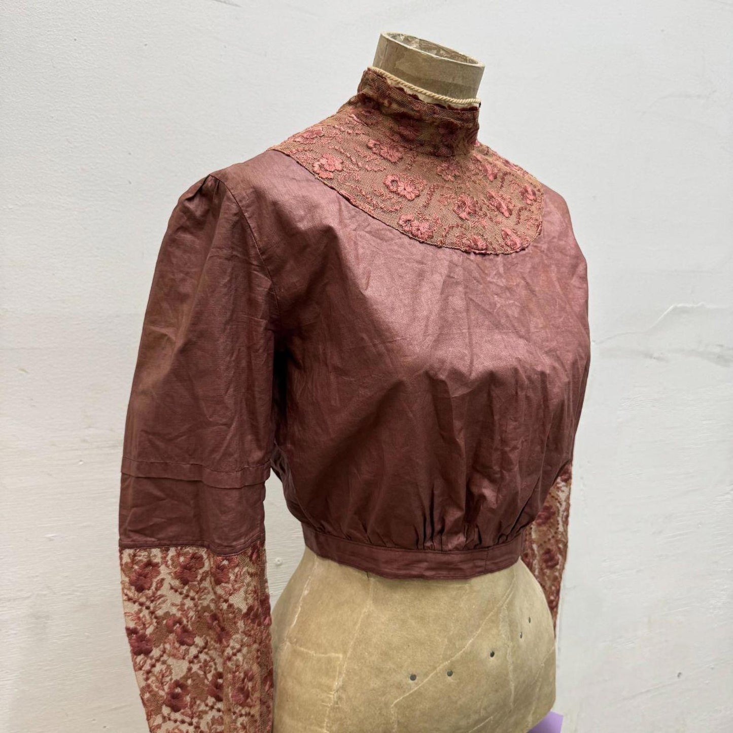 Brick Red Antique Victorian Lace-Panel Bodice XS