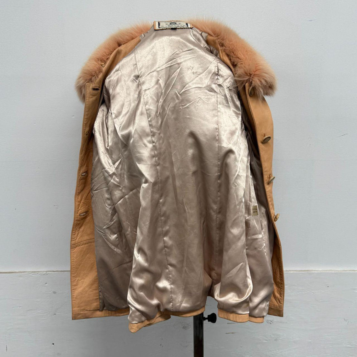 Vintage Y2K Peach Leather Afghan Trench Coat w Fox Fur Trim