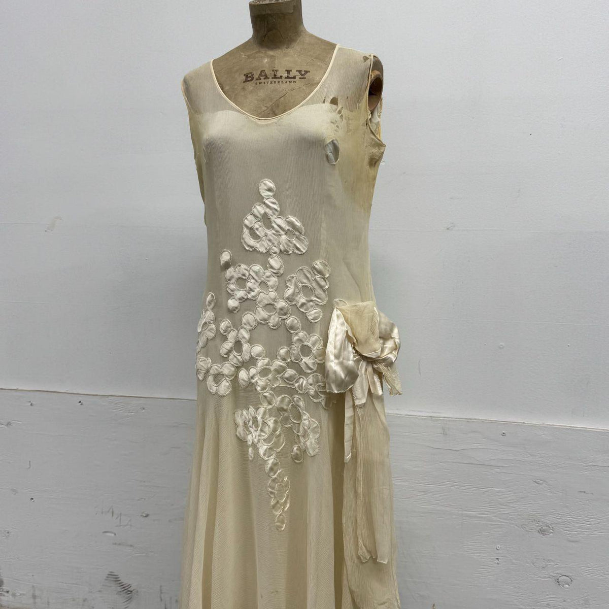 Antique 20s Flapper Drop-Waist Silk Chiffon & Ribbonwork Wedding Gown