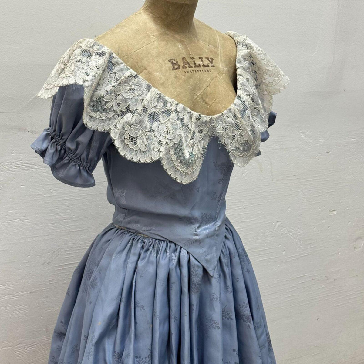 Vintage Film Costume 70s does Victorian Blue Damask Gown XXS