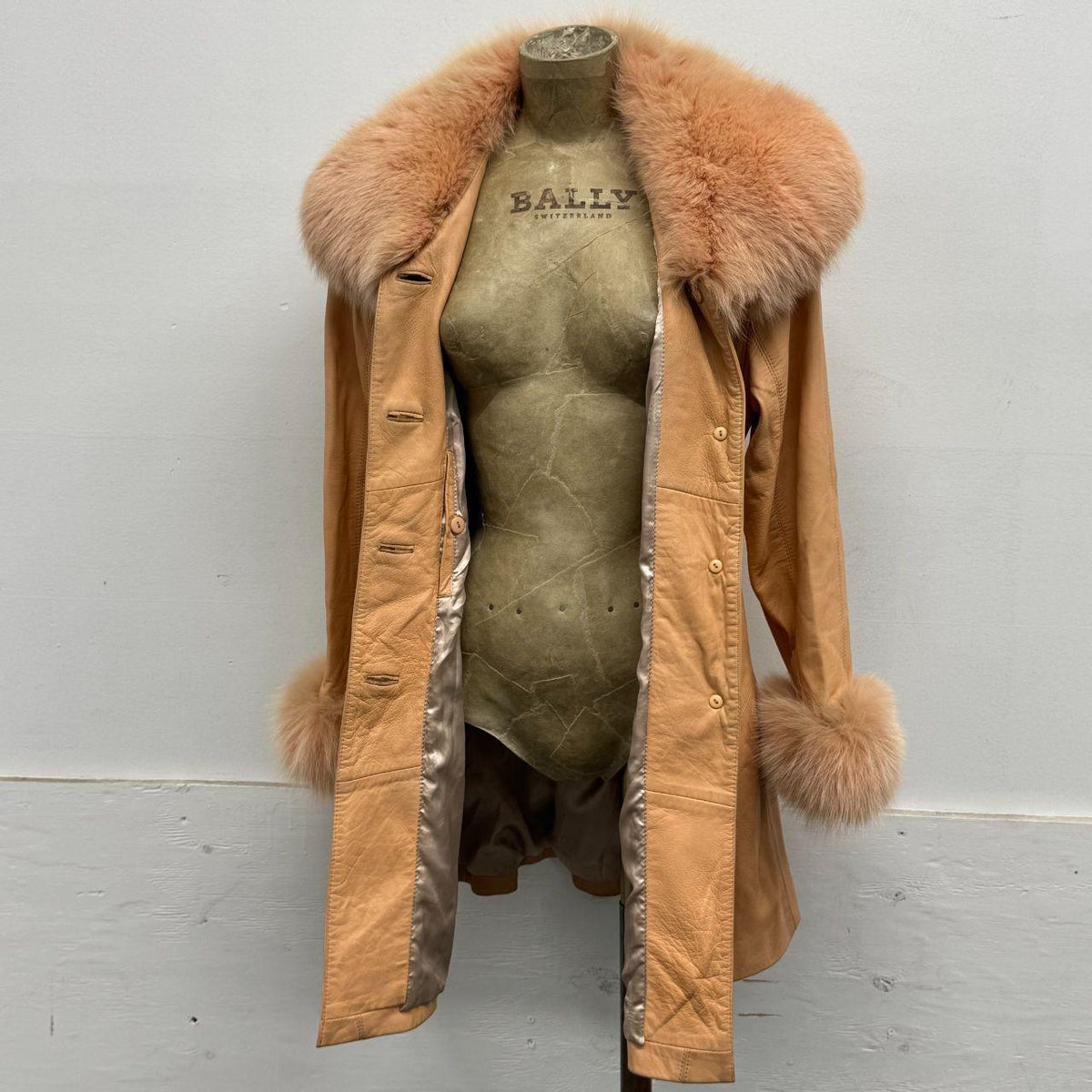 Vintage Y2K Peach Leather Afghan Trench Coat w Fox Fur Trim