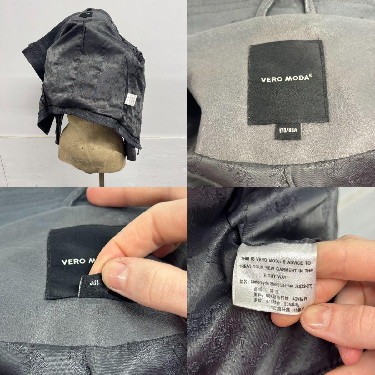 Vintage Grey Funnel Neck Asymmetric Avant Garde Leather Jacket