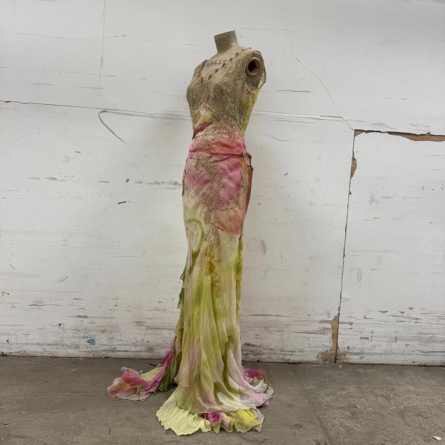 Vintage Y2K European Beaded Silk Lace Ombré Gown Dress Detachable Sleeves