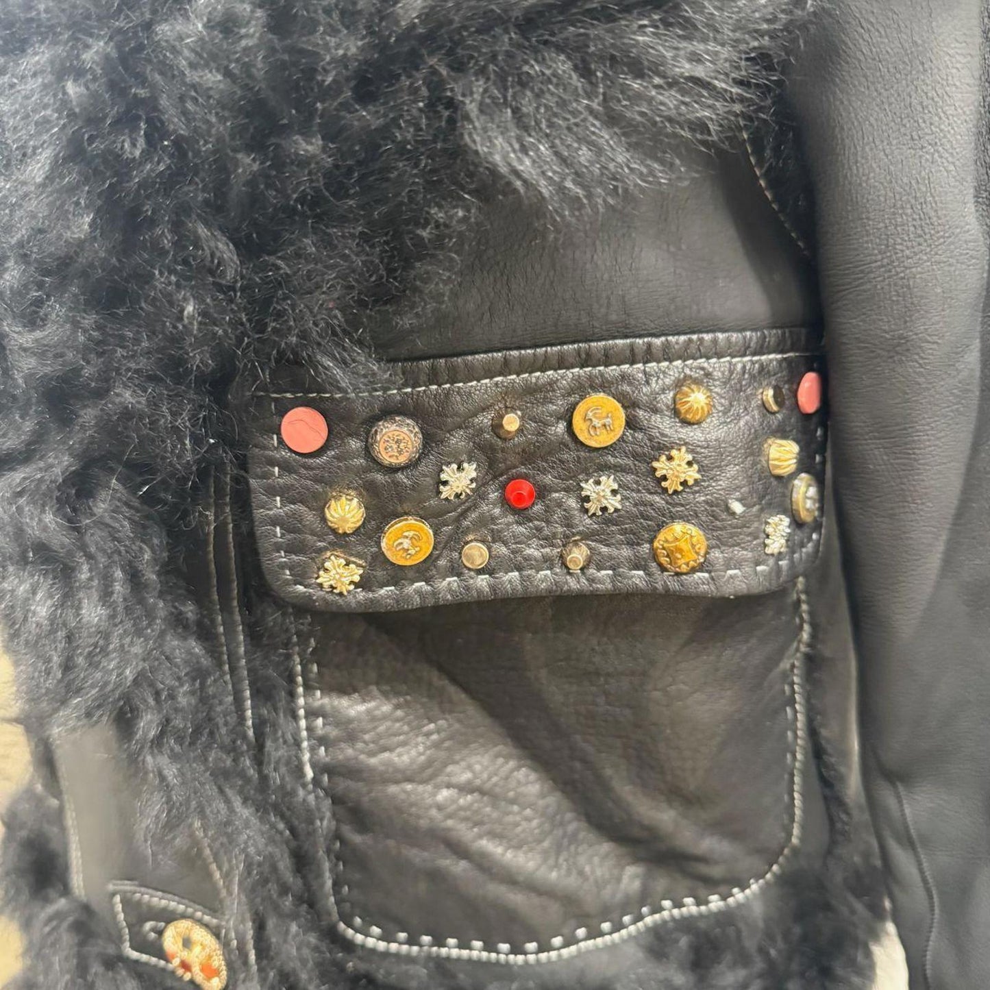 Vintage Black Gold Embellished Leather & Shearling Statement Jacket