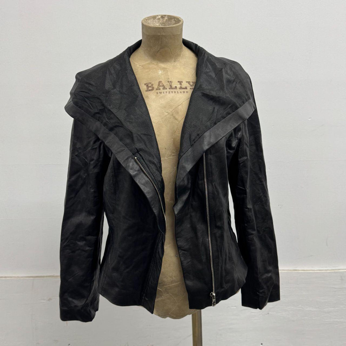 Vintage Black Funnel Neck Asymmetric Avant Garde Leather Jacket
