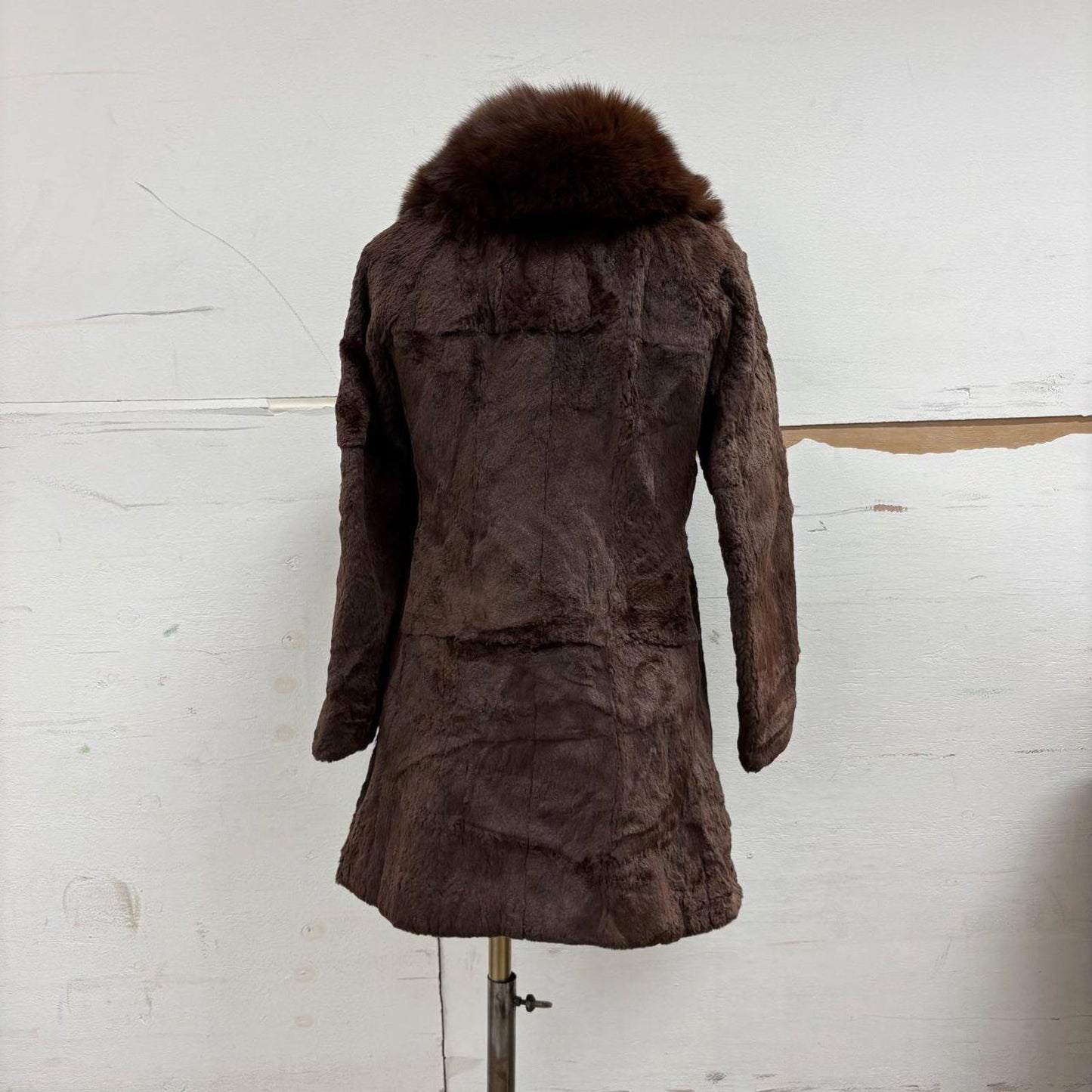 Vintage Brown Rabbit Fur Coat with Oversized Fox Collar