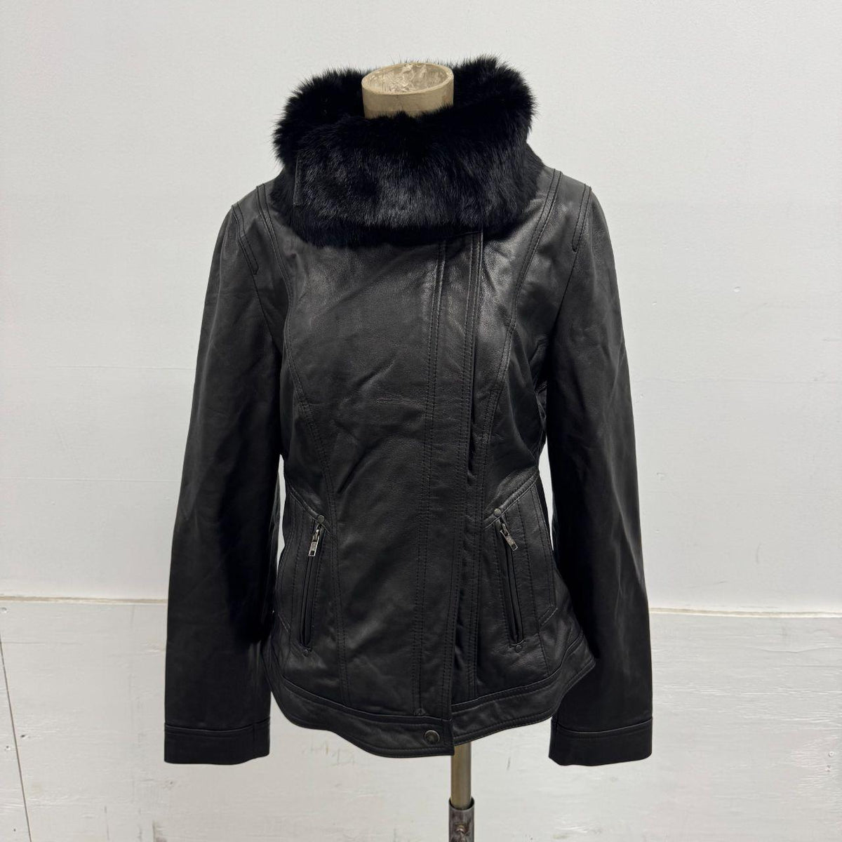 Vintage Black Funnel Rabbit Fur Neck Avant Garde Leather Jacket