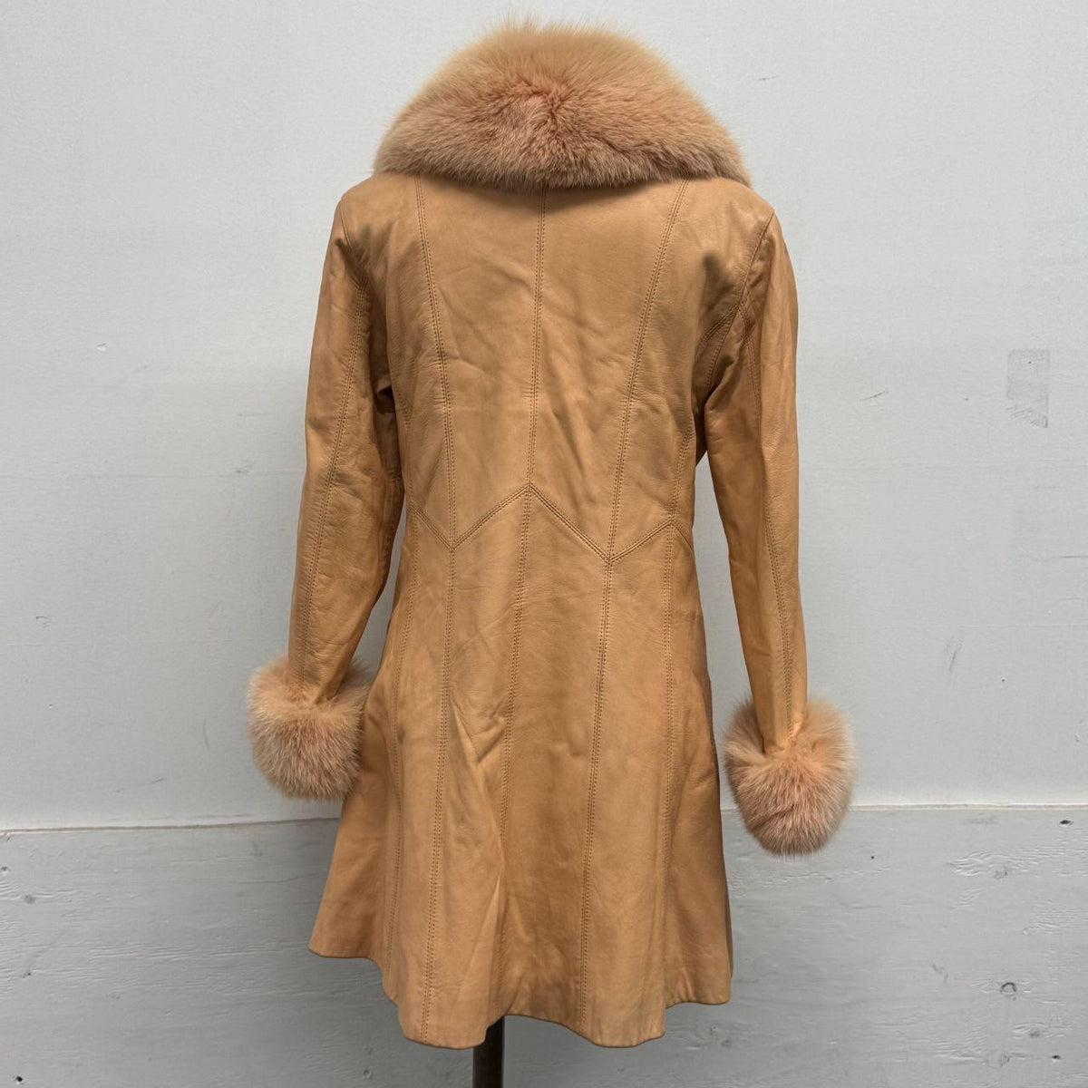 Vintage Y2K Peach Leather Afghan Trench Coat w Fox Fur Trim