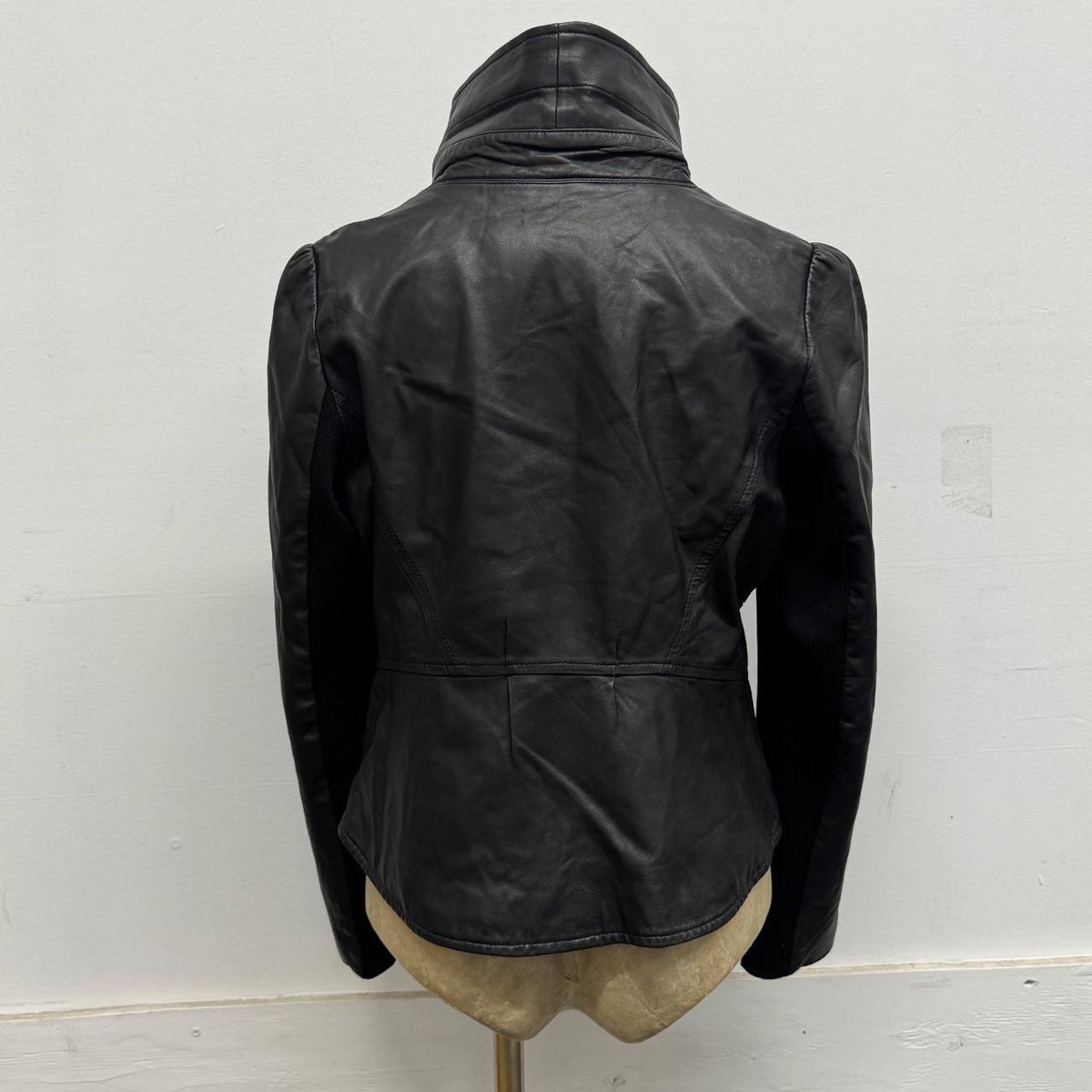 Vintage Black Funnel Neck Asymmetric Avant Garde Leather Jacket