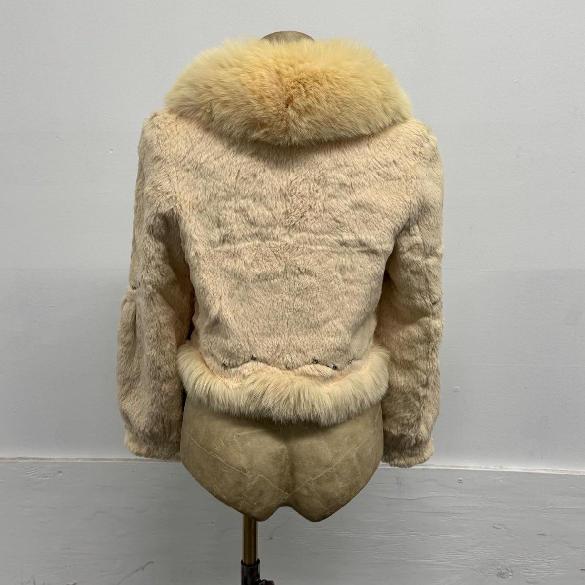 Vintage Y2K Cream Peach Rabbit & Fox Fur Jacket w Rhinestone Details Coat