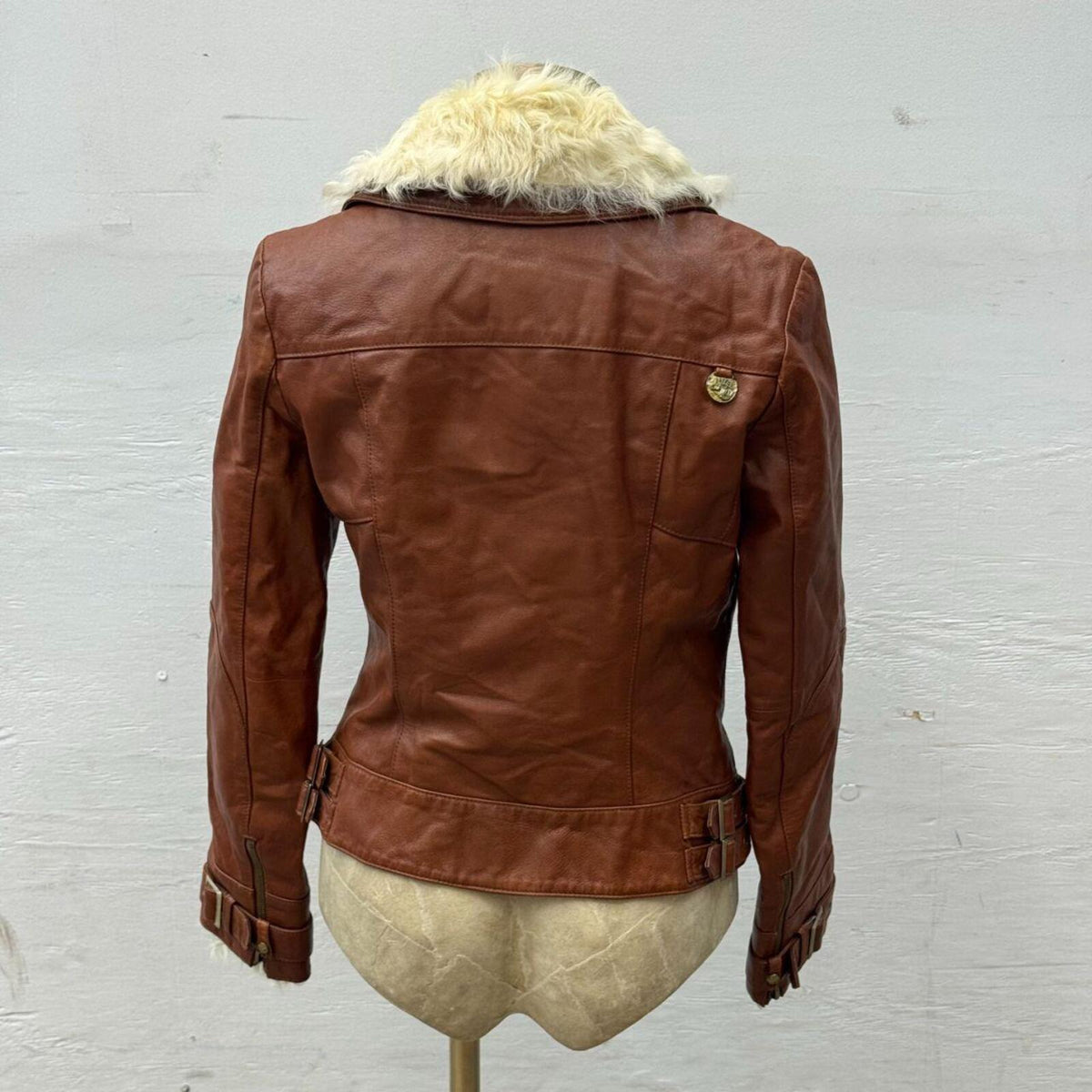 Vintage ONLY Detachable Shearling Leather Moto Jacket Cognac Brown